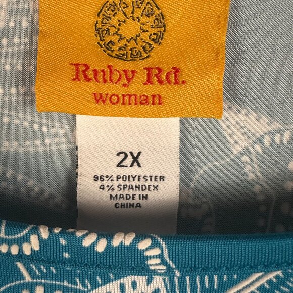 Ruby Rd. Woman 2X Blue/teal & White Tropical Floral Stretchy Pullover Midi Dress - Picture 3 of 11